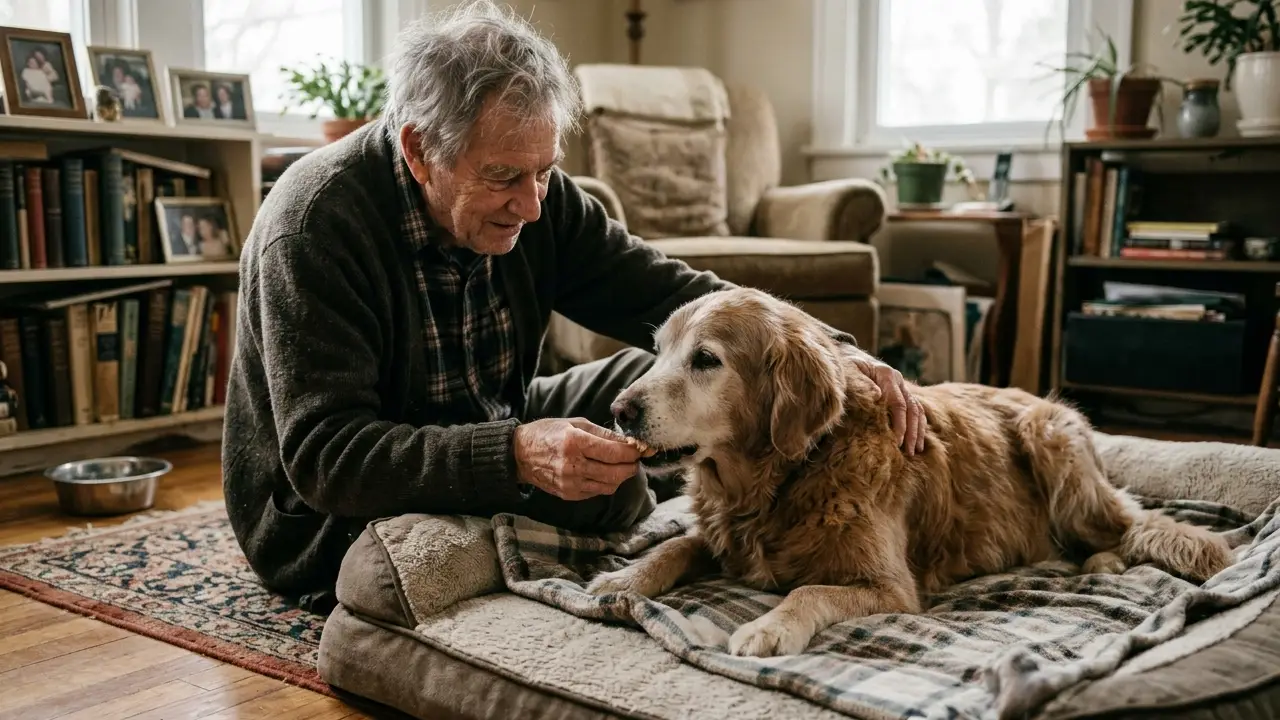 Cão idoso sendo alimentado com carinho, representando a importância da nutrição e saúde pet.