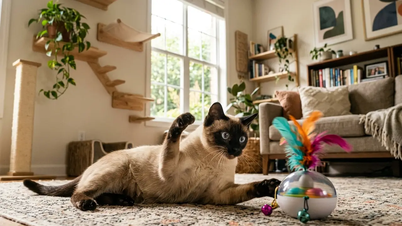 Um gato Siamês brincando com um brinquedo interativo em um ambiente de sala de estar, ilustrando a importância do enriquecimento ambiental.