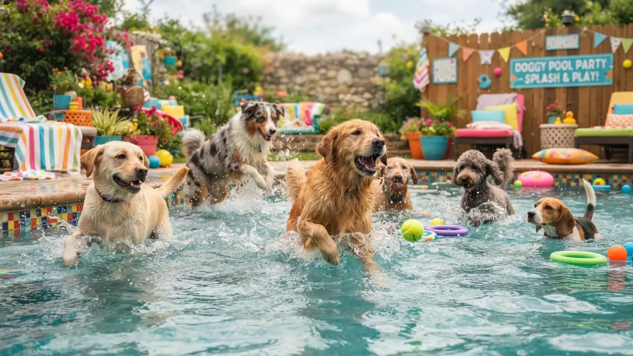 Cães se exercitando em uma piscina aquecida, promovendo a saúde canina.
