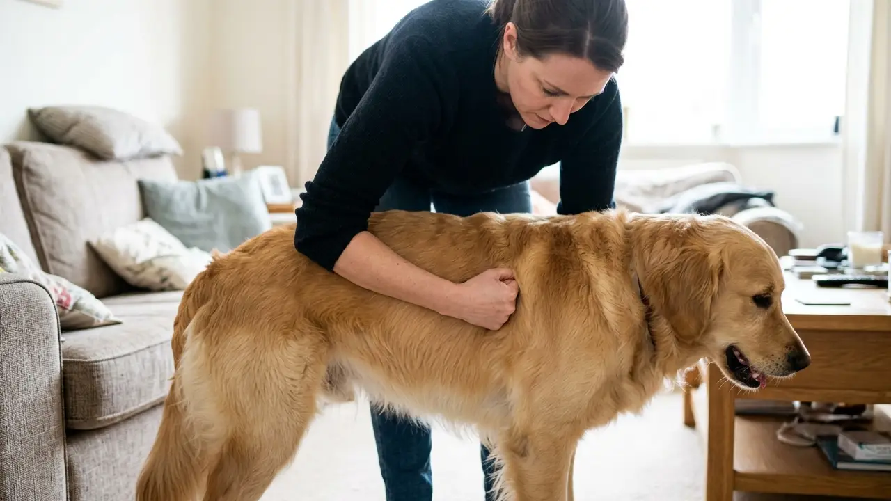 Tutor ao lado de um cão Golden Retriever, ilustrando a importância de conhecer os primeiros socorros veterinários.