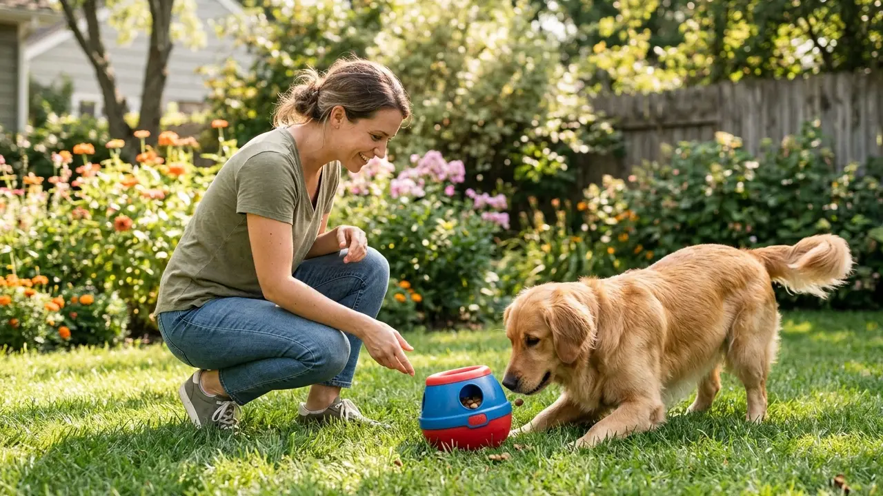 Um tutor e seu Golden Retriever interagindo com um brinquedo dispenser de ração em um quintal ensolarado.