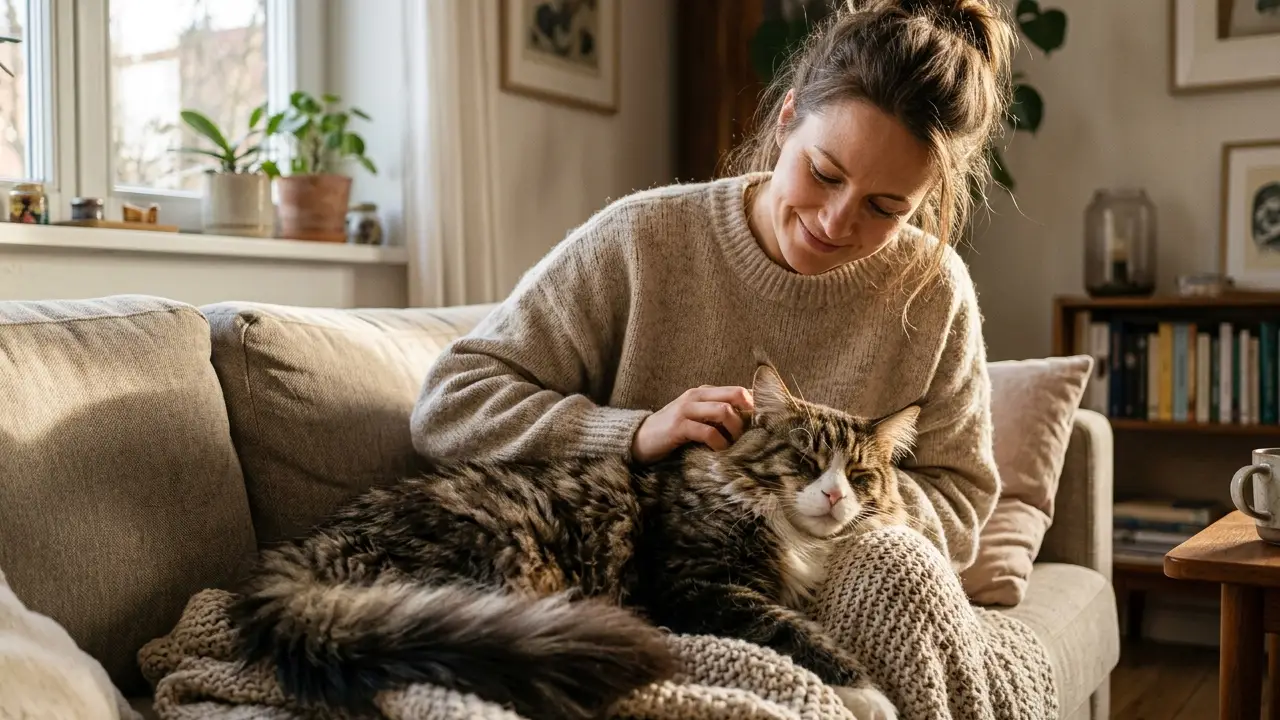 Uma pessoa olhando para seu gato em um sofá, representando a conexão emocional e os benefícios de adotar um gato para a saúde mental.