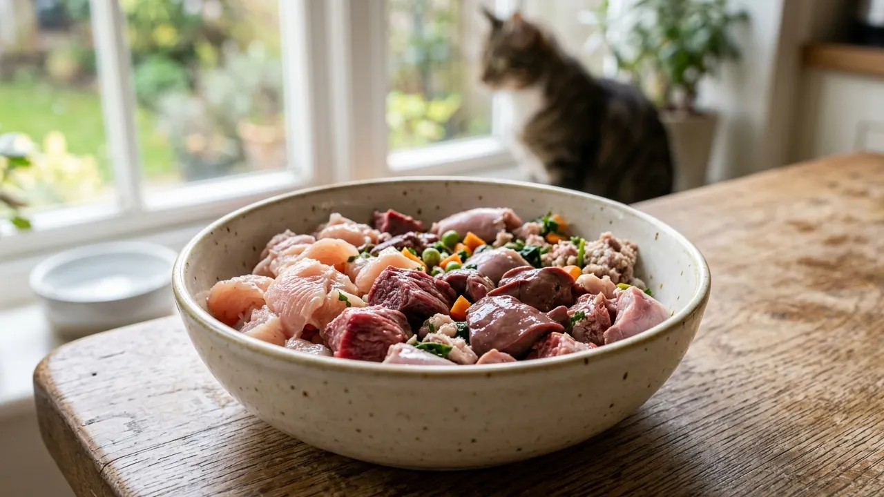 Tigela com alimentos naturais para gatos, destacando carne fresca e vísceras
