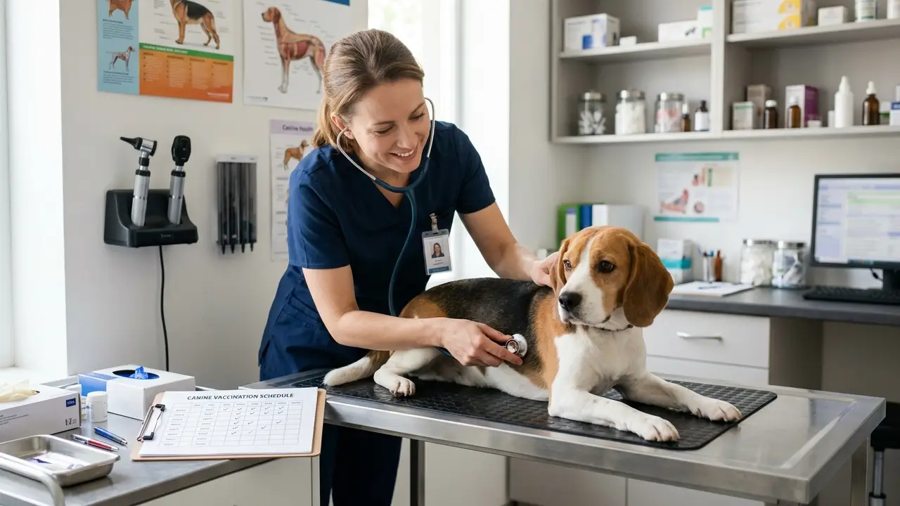 Veterinário examinando um Beagle em uma clínica, simbolizando a importância do cuidado com a saúde do novo pet.