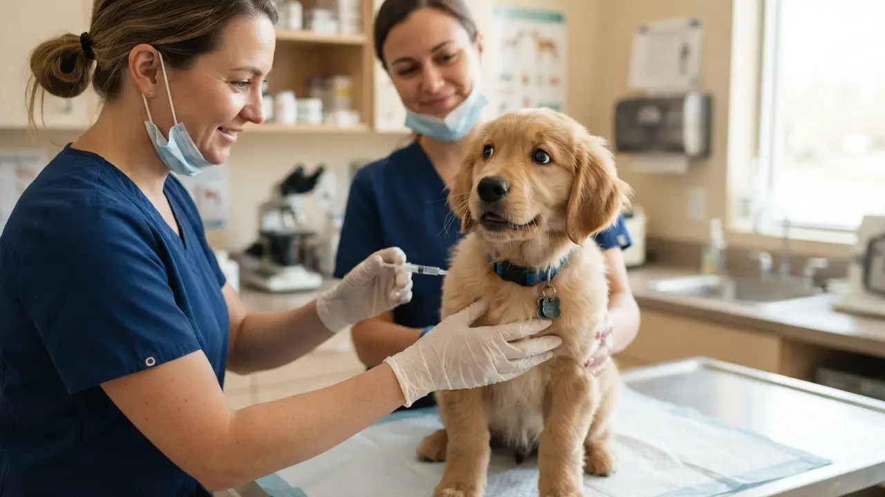 Filhote de cachorro recebendo vacina em clínica veterinária