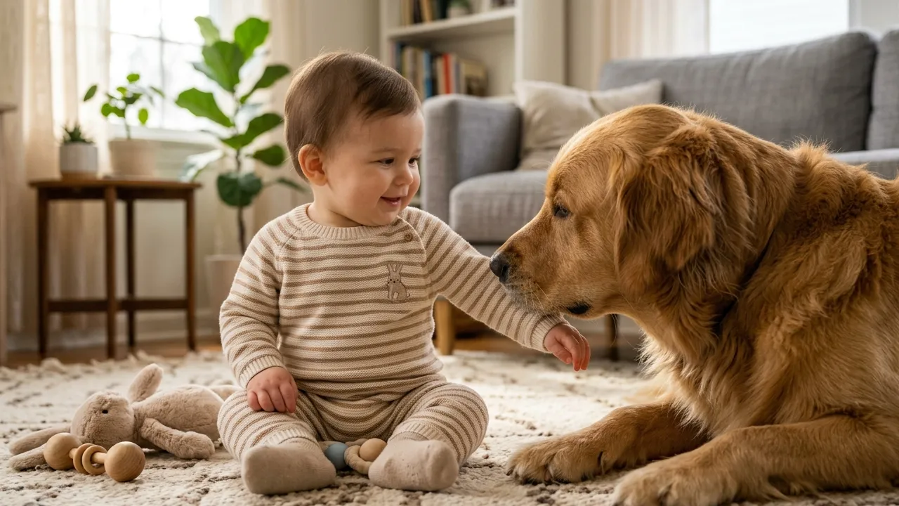 Cão explorando a roupinha de bebê, representando a introdução do pet ao novo membro da família.