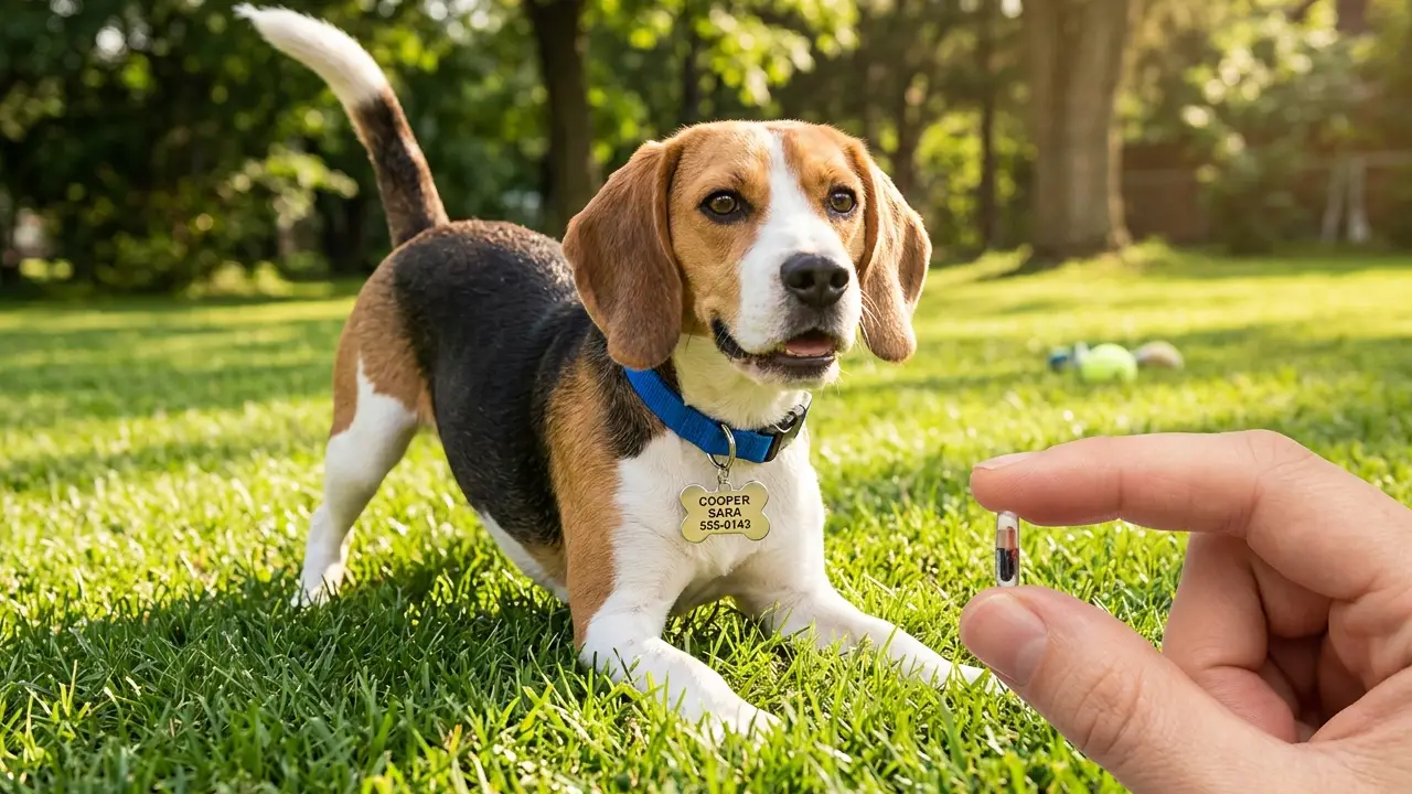 Beagle usando coleira azul com plaquinha de identificação durante uma atividade ao ar livre.