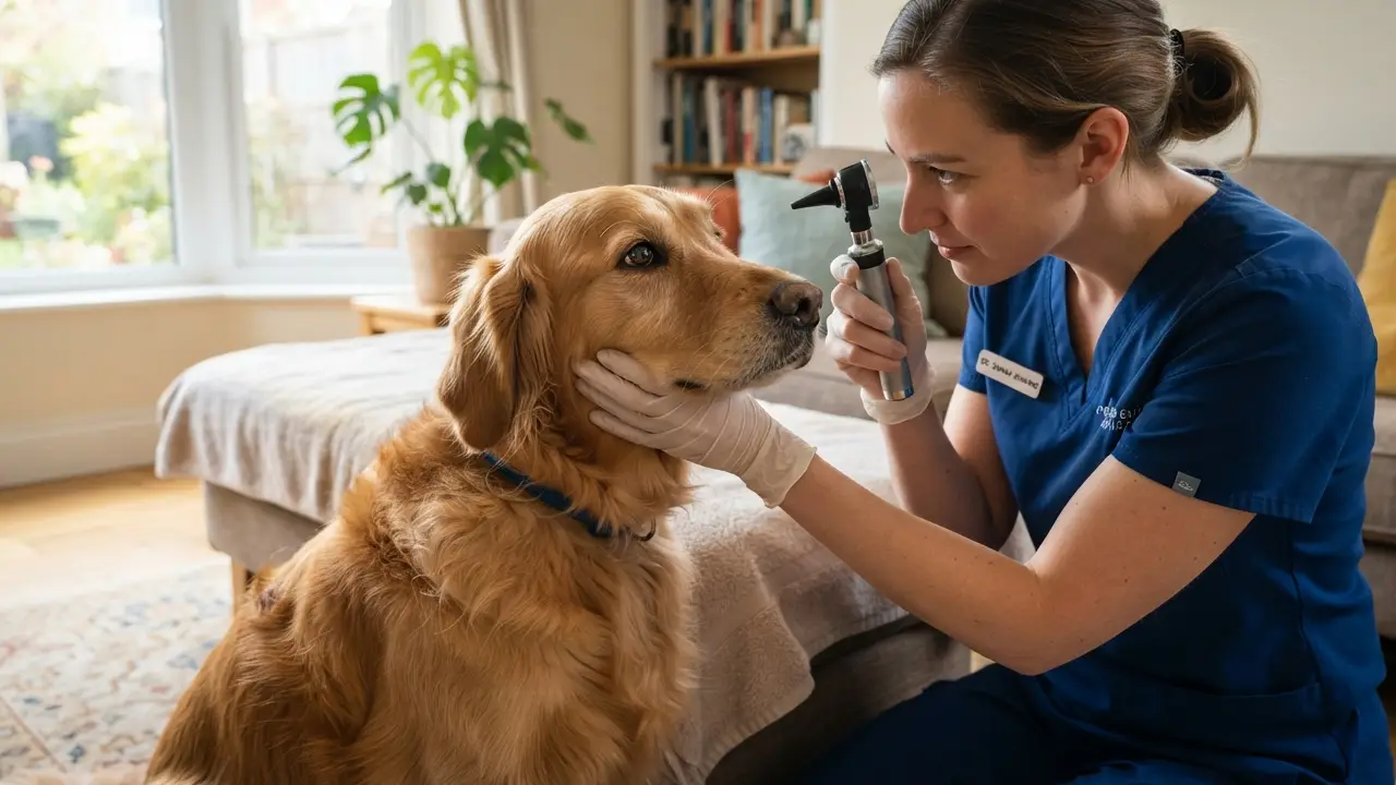 Cachorro sendo examinado em casa, destacando os cuidados de saúde do pet