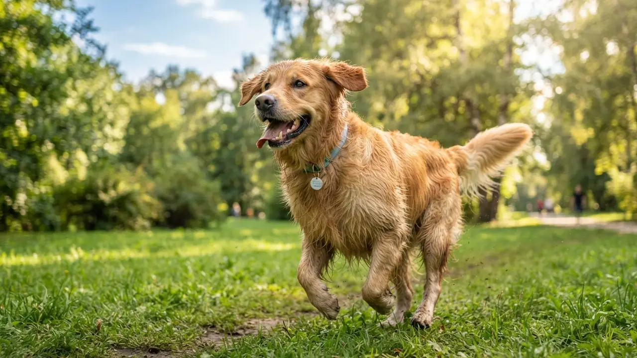 Cão brincando em parque após vacinação