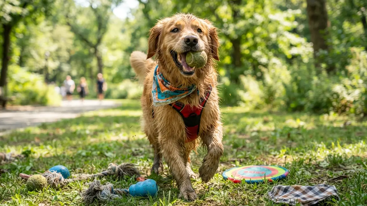 Cão brincando no parque com brinquedos