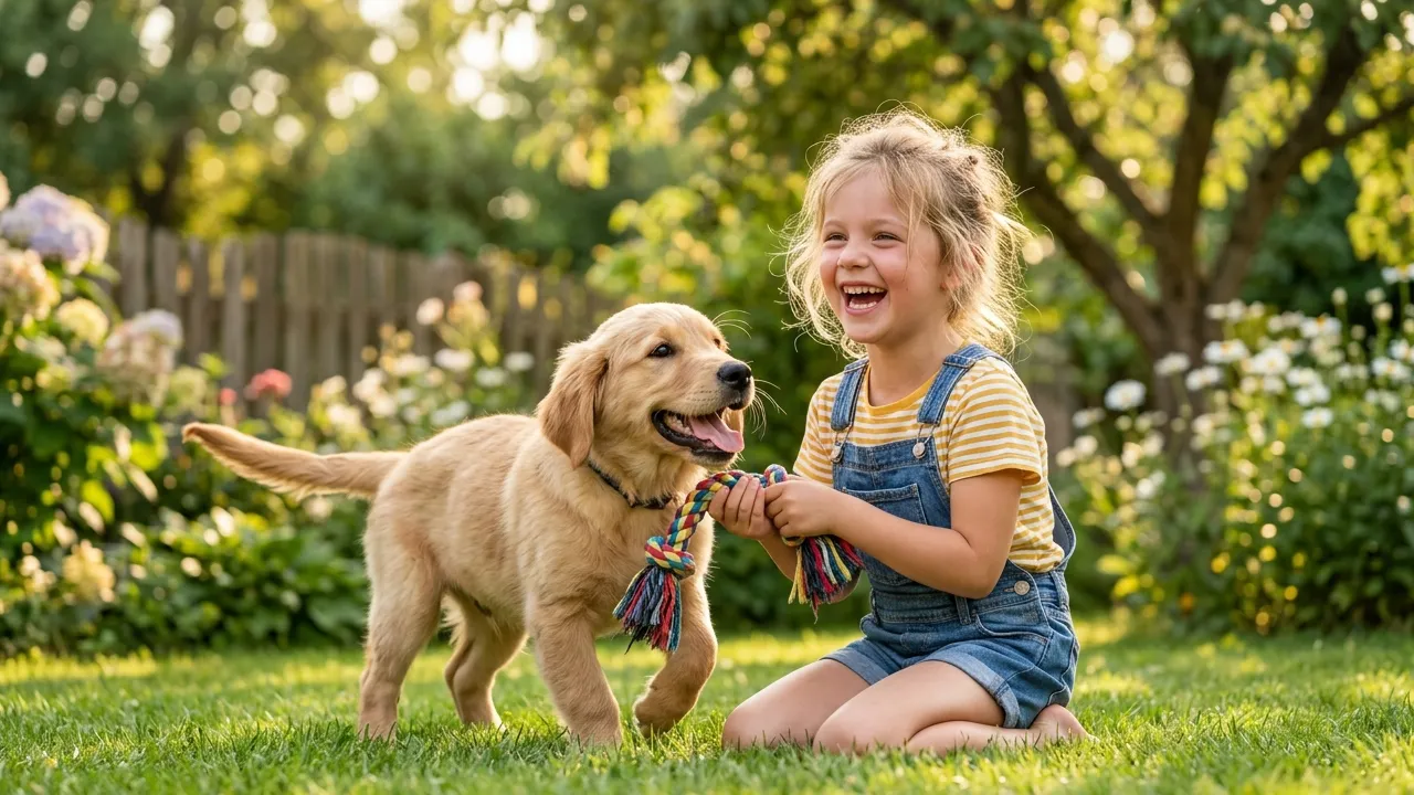 Cão brincando com uma criança, simbolizando a amizade e a harmonia entre pets e bebês.