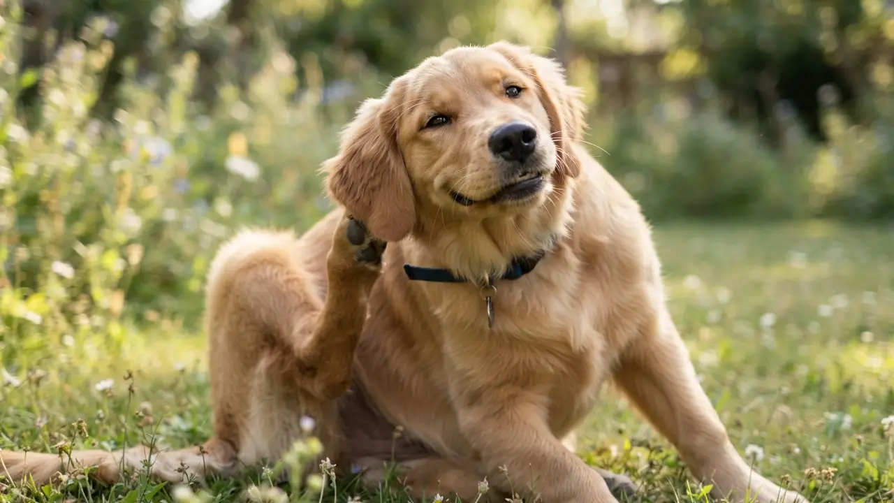 Cão coçando a orelha, simbolizando alergias em pets