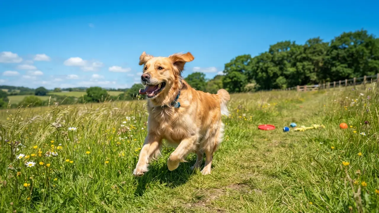 Cão correndo em um campo, simbolizando exercícios divertidos e ativos.