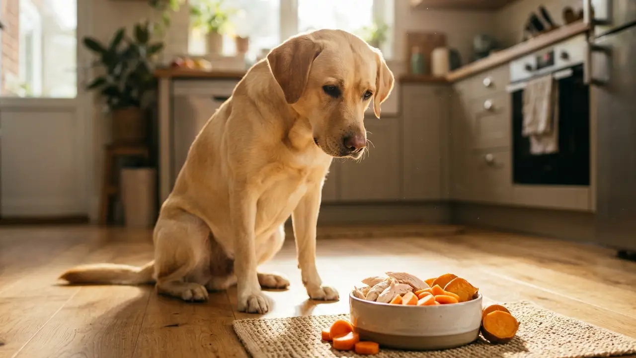 Um Labrador Retriever em uma cozinha iluminada, olhando para uma tigela de alimentos naturais, como frango, cenouras e batata-doce.