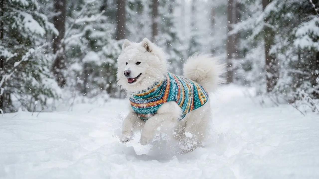 Cão na neve com casaco colorido, simbolizando atividades de inverno.