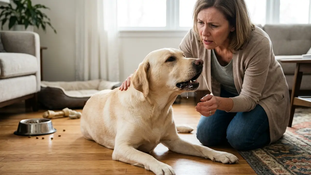 Cão Labrador com sinais de desconforto, ilustrando a importância de reconhecer emergências respiratórias.
