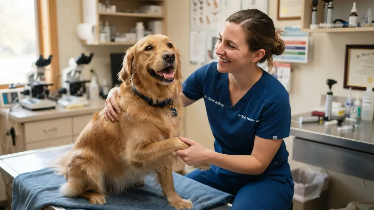 Cão e veterinário felizes em clínica veterinária