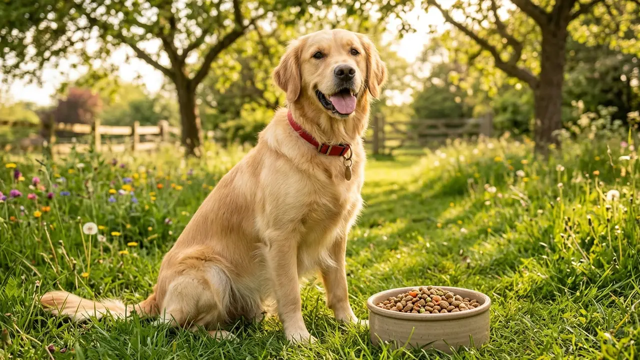 Cão feliz em um ambiente natural com tigela de ração, simbolizando a escolha ideal de alimentação.