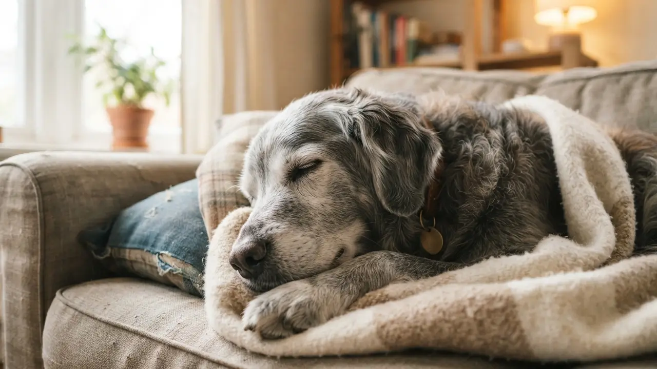 Cão sênior aconchegante em sofá, representando o conforto e a amizade.