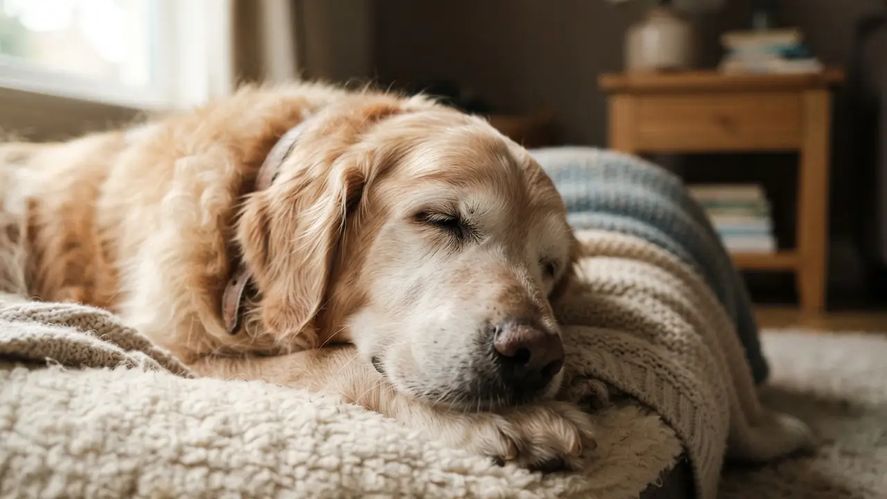 Cão sênior descansando confortavelmente, simbolizando a paz e o amor.