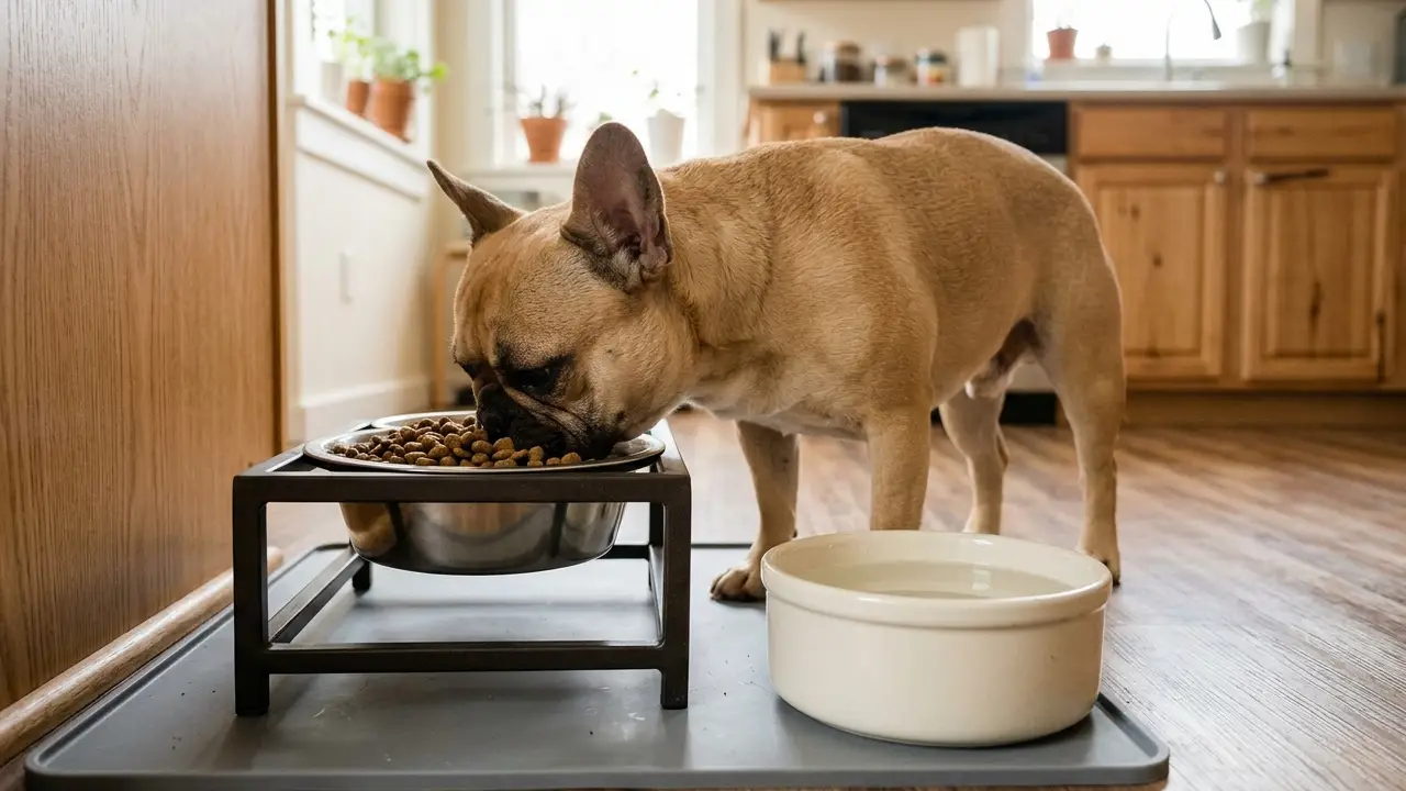 Cão se alimentando em um comedouro elevado, com água fresca disponível.
