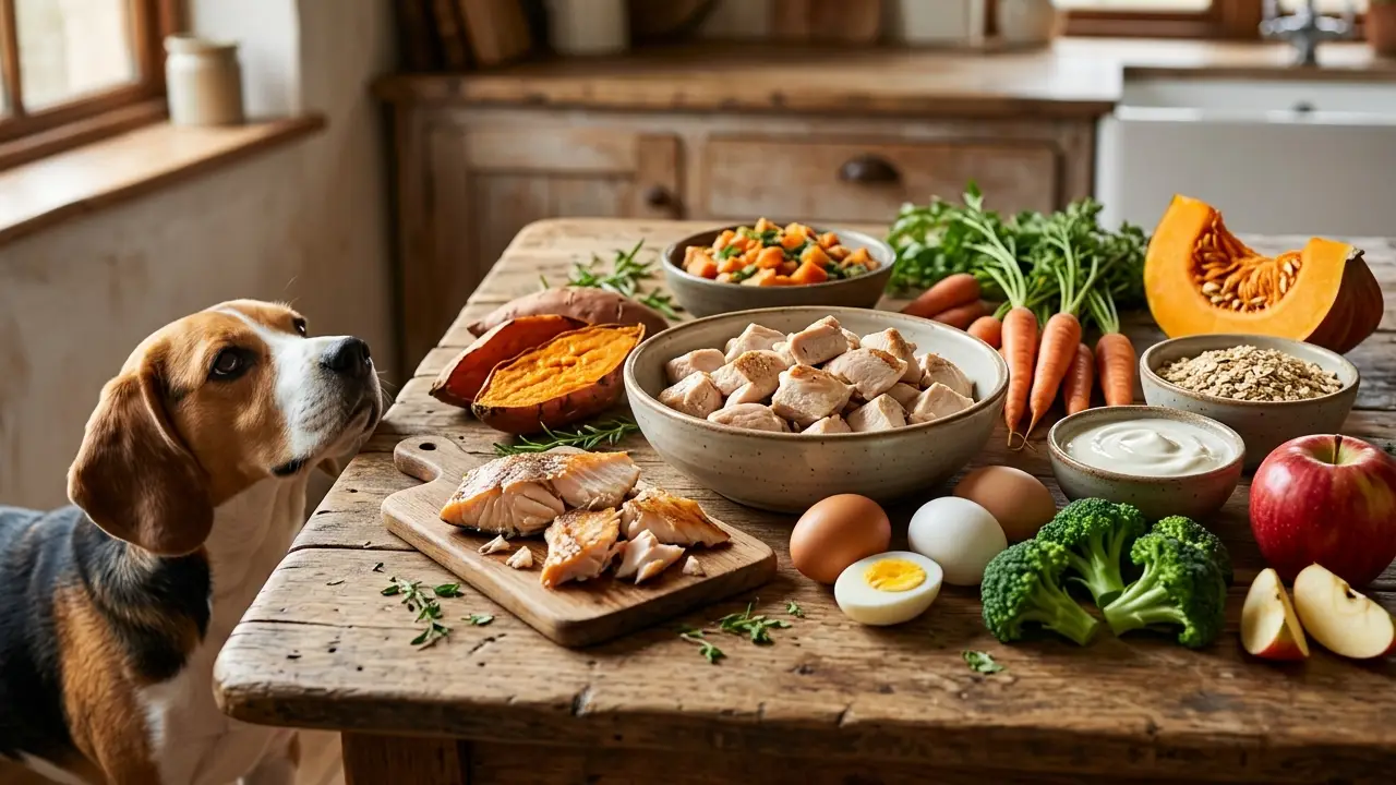 Uma mesa de madeira com os 10 melhores alimentos naturais para cães dispostos artisticamente, enquanto um Beagle observa.
