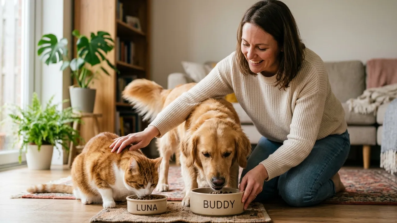Dono alimentando gato e cão, demonstrando cuidados com animais de estimação