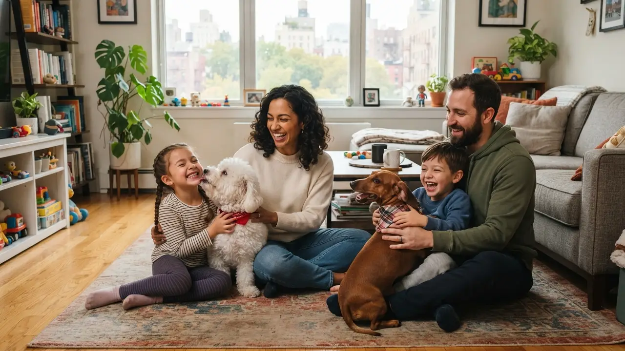 Família feliz com cães em apartamento, destacando a harmonia entre pets e seus donos