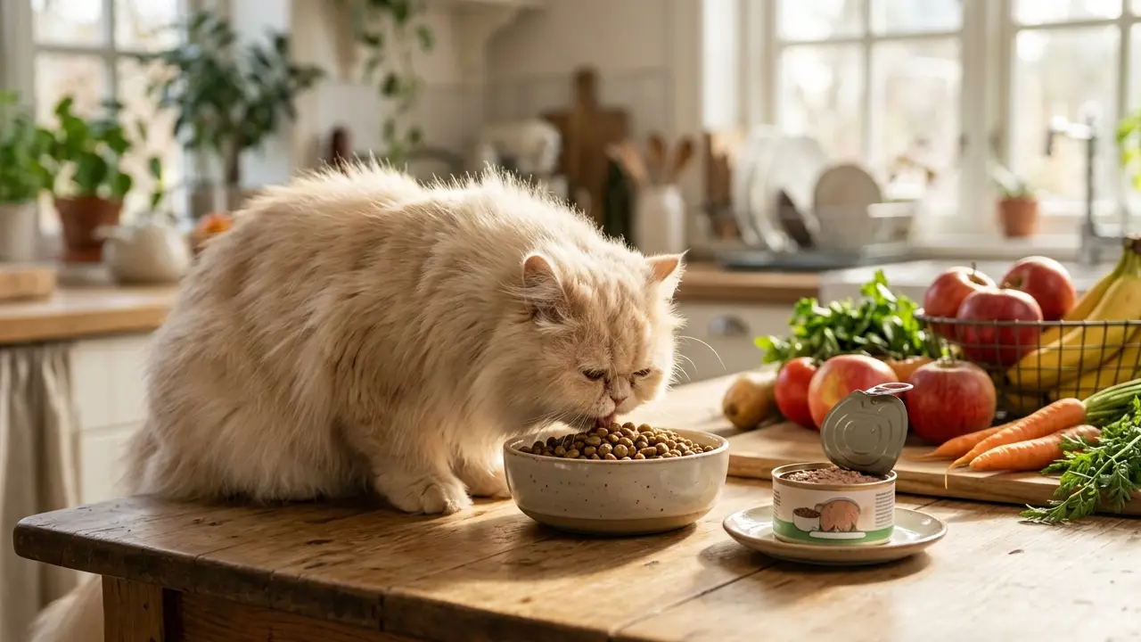Um gato Persa se alimentando em uma mesa com ração e comida úmida, cercado por frutas e vegetais, simbolizando a importância de uma alimentação balanceada para a saúde do gato.