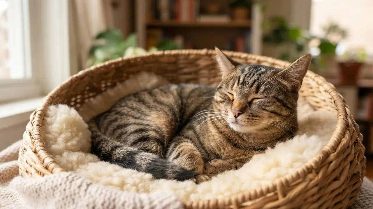 Gato em um espaço seguro e confortável, representando a importância de criar um ambiente acolhedor para reduzir o estresse.