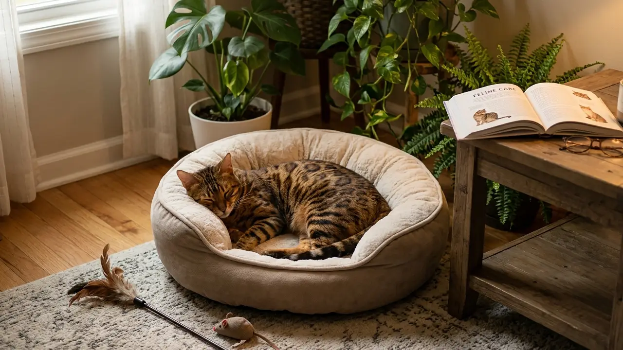 Um gato Bengal relaxando em uma cama confortável em um ambiente tranquilo, cercado por plantas, simbolizando o conforto e bem-estar proporcionados pelos cuidados adequados.