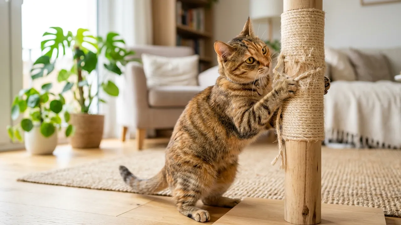 Gato usando arranhador, ilustrando comportamento adequado