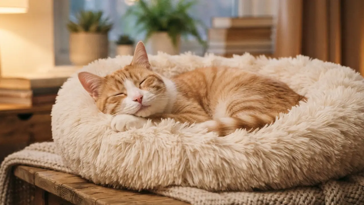 Gato feliz descansando em sua cama, representando bem-estar e conforto