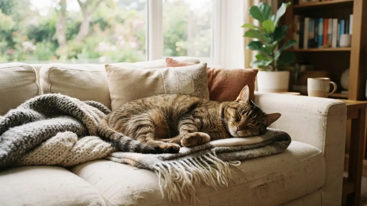 Gato relaxando no sofá, simbolizando a tranquilidade e o bem-estar
