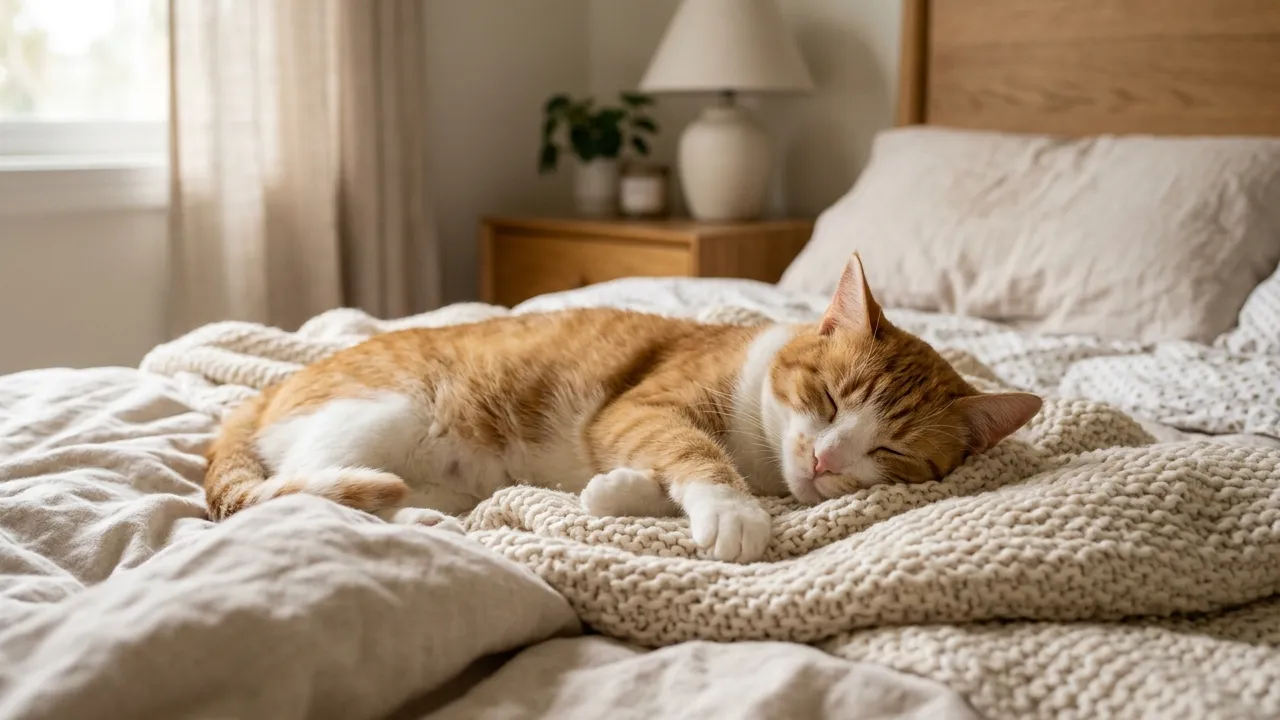 Gato relaxando em cama confortável, representando bem-estar felino