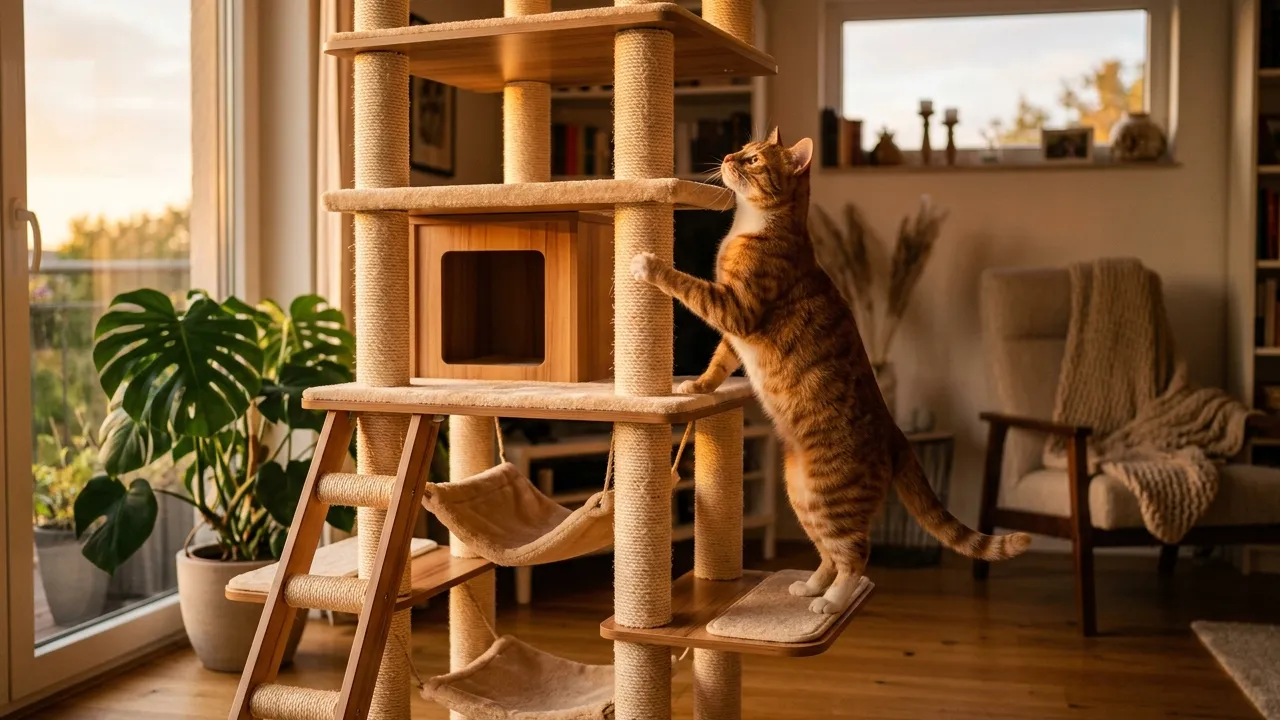 Gato explorando arranhador, enriquecimento ambiental