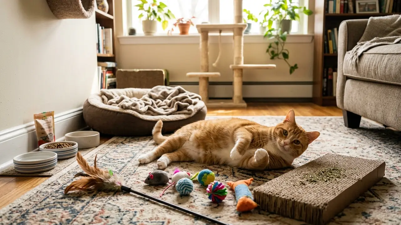Gato relaxando em um ambiente doméstico saudável e cheio de brinquedos