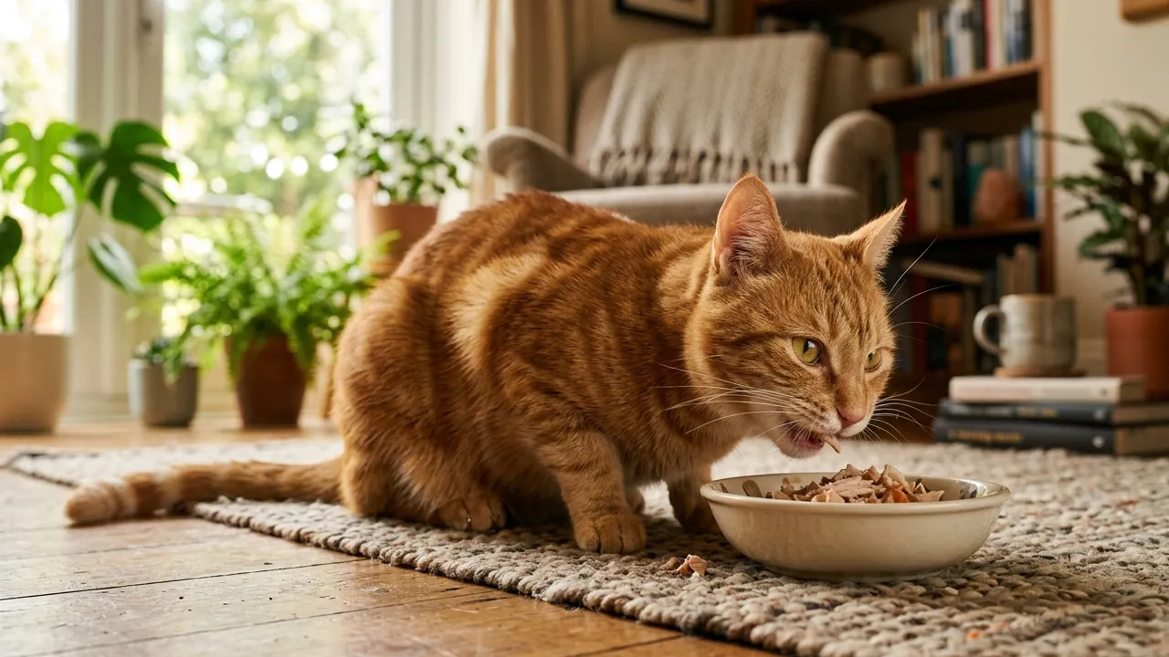 Gato feliz comendo comida natural em casa