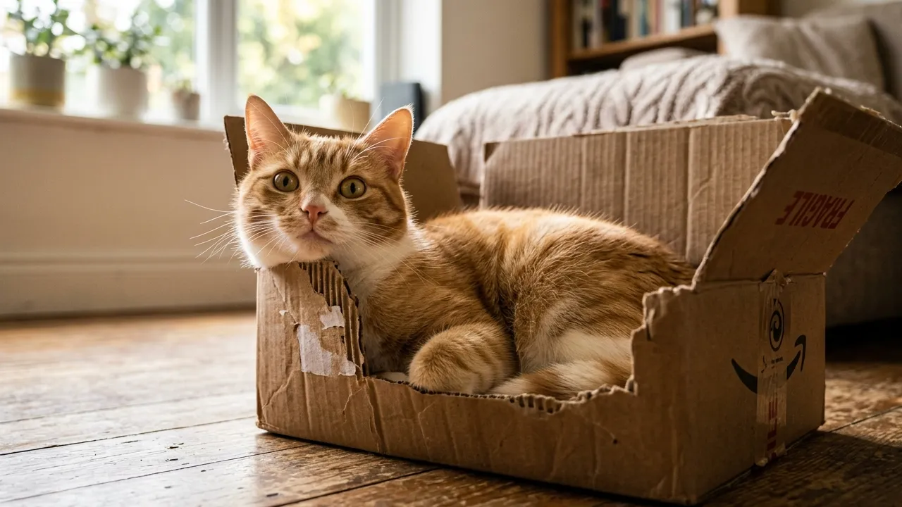 Gato curioso em caixa de papelão, entretenimento e brincadeiras
