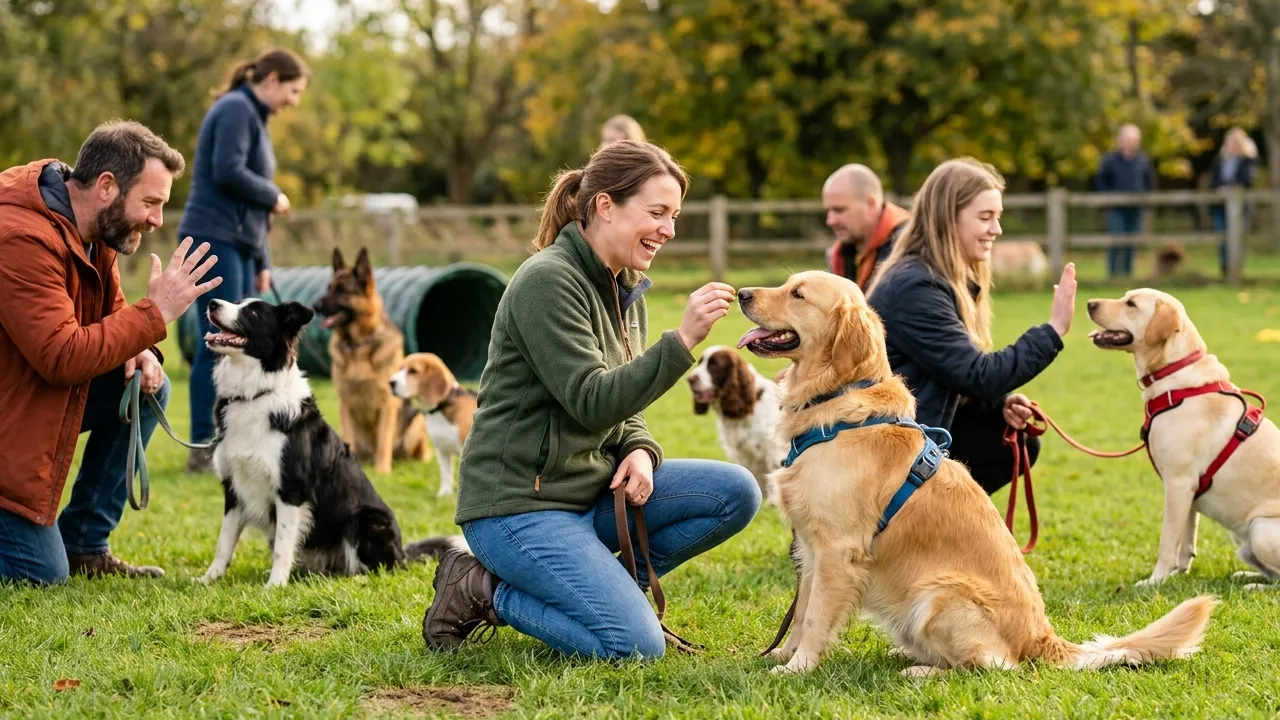 Grupo de cães em aula de adestramento, destacando a socialização e o aprendizado positivo