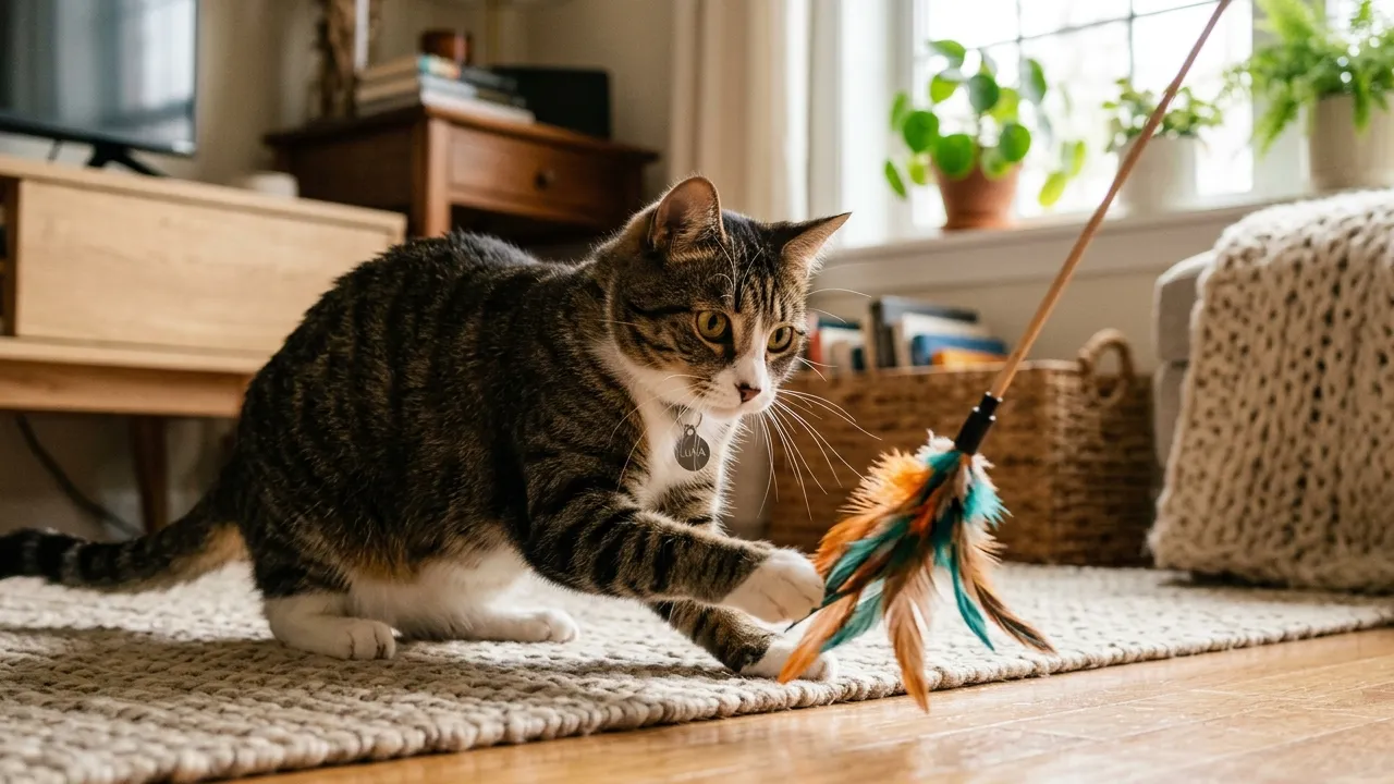 Gato brincando com brinquedo interativo, estimulação mental