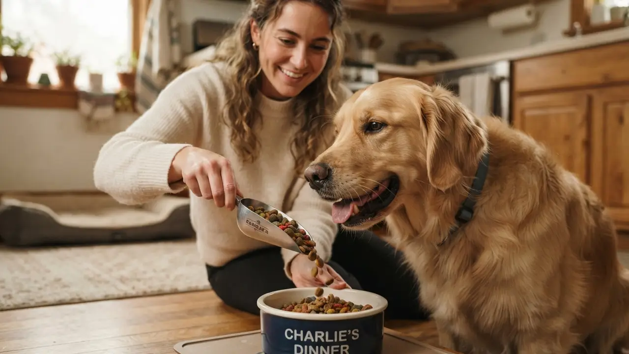 Pessoa alimentando um cachorro com ração de qualidade, simbolizando cuidados alimentares