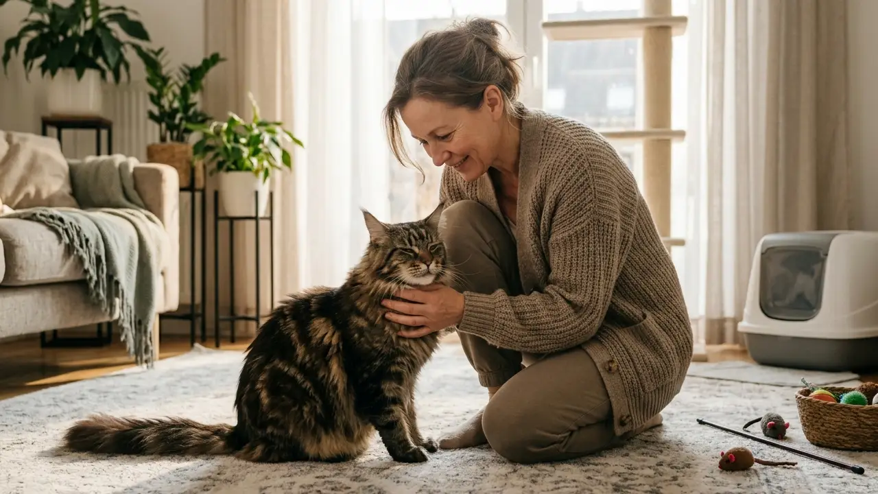 Uma mulher acariciando seu Maine Coon em um ambiente doméstico, com luz suave e brinquedos visíveis, simbolizando o cuidado e atenção necessários para a saúde dos gatos.