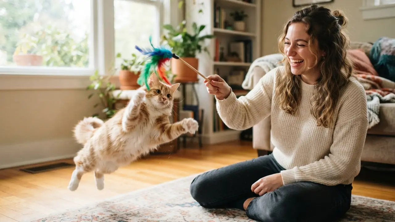 Tutor brincando com gato, ressaltando a importância da interação para a saúde mental