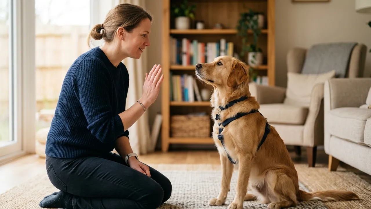 Tutor ensinando comandos para cão em casa, representando o adestramento positivo