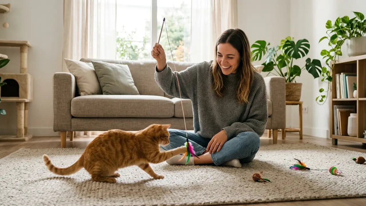 Dono brincando com seu gato em um espaço limpo e iluminado