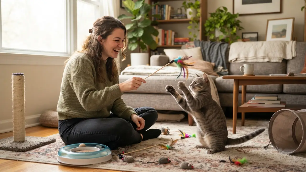 Tutor brincando com gato, destacando a importância da interação para reduzir o estresse em felinos.