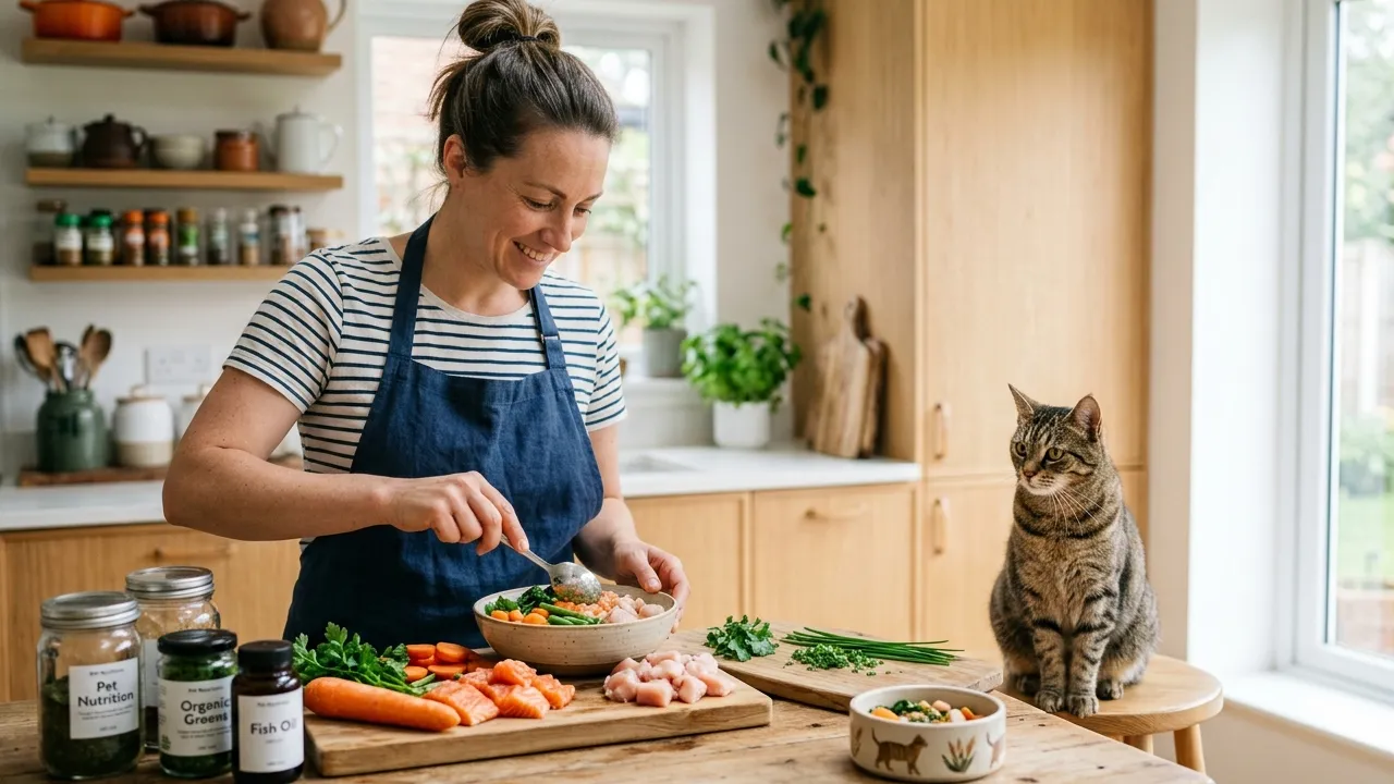 Tutor preparando comida natural para gatos com ingredientes frescos