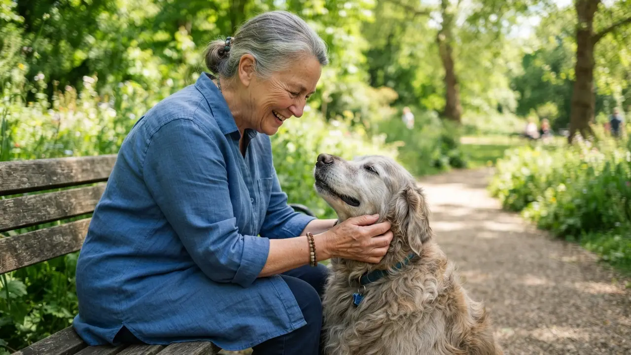 Interação amorosa entre dono e cão sênior em um parque.