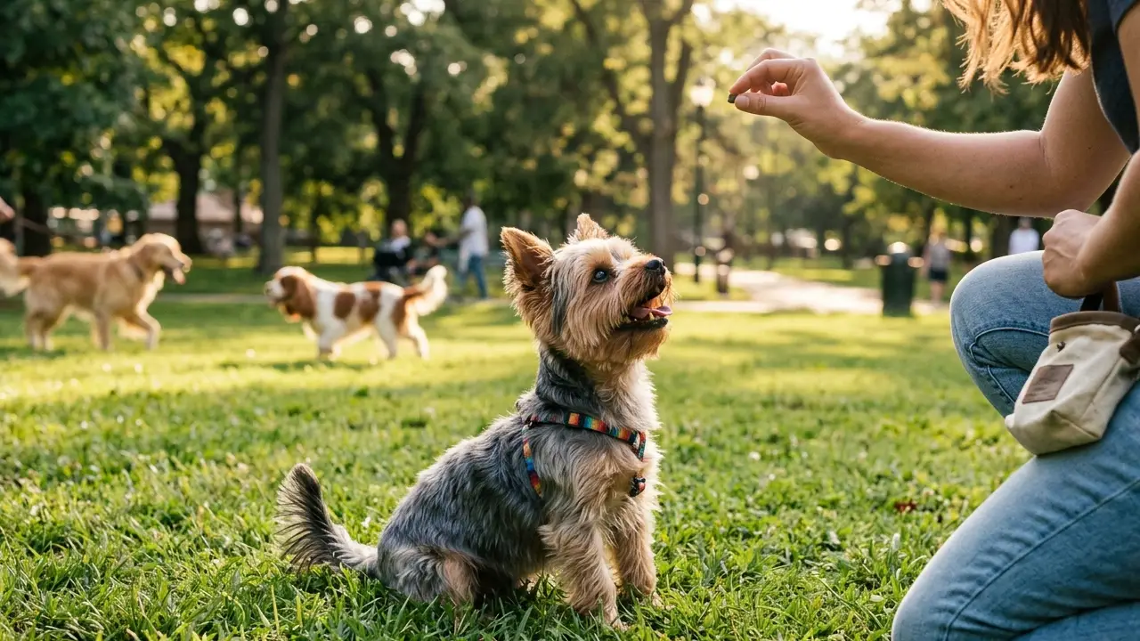 Yorkshire Terrier em treinamento ao ar livre, focado em seu tutor com um petisco